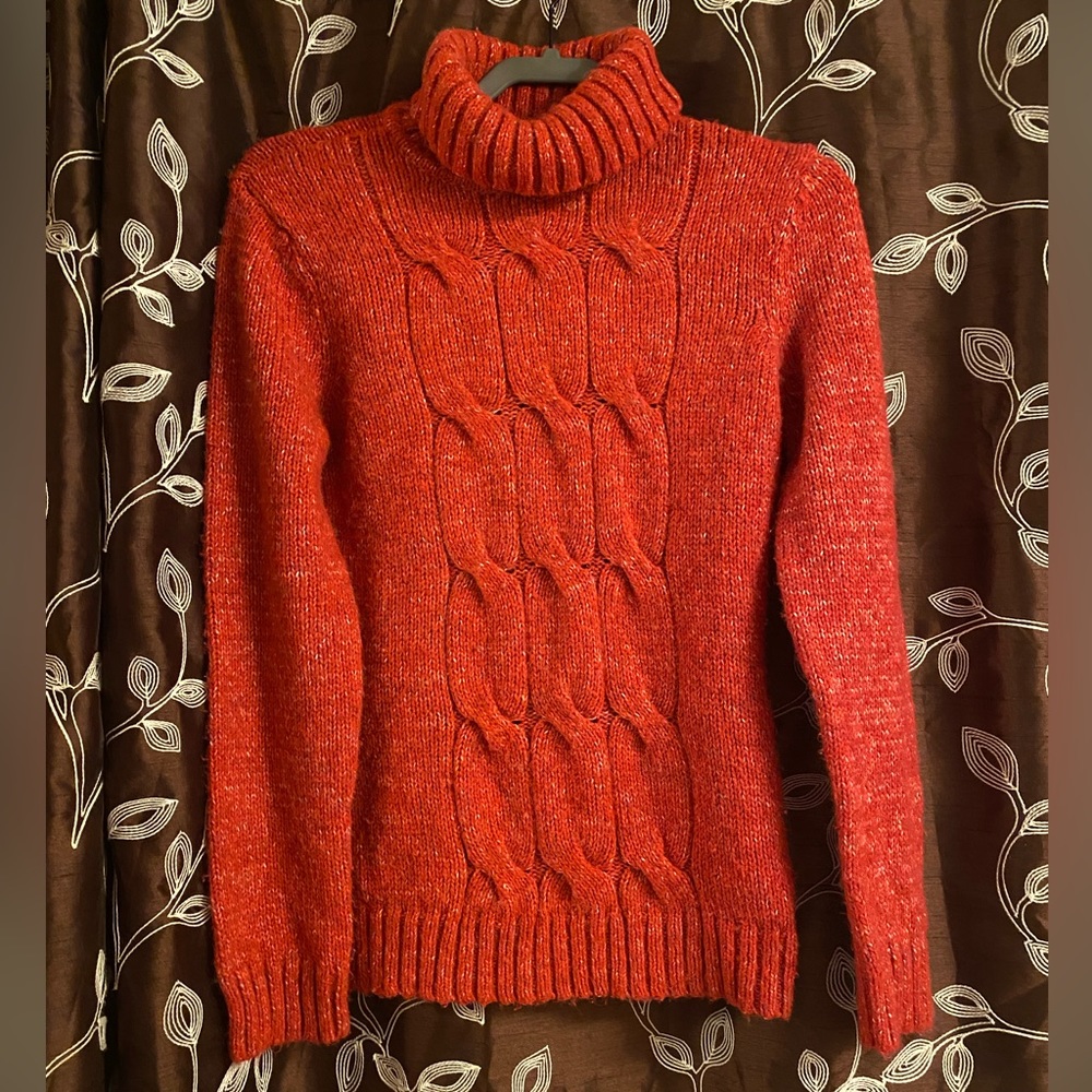 New York & Company Cable Knit Marled Red Turtleneck Sweater